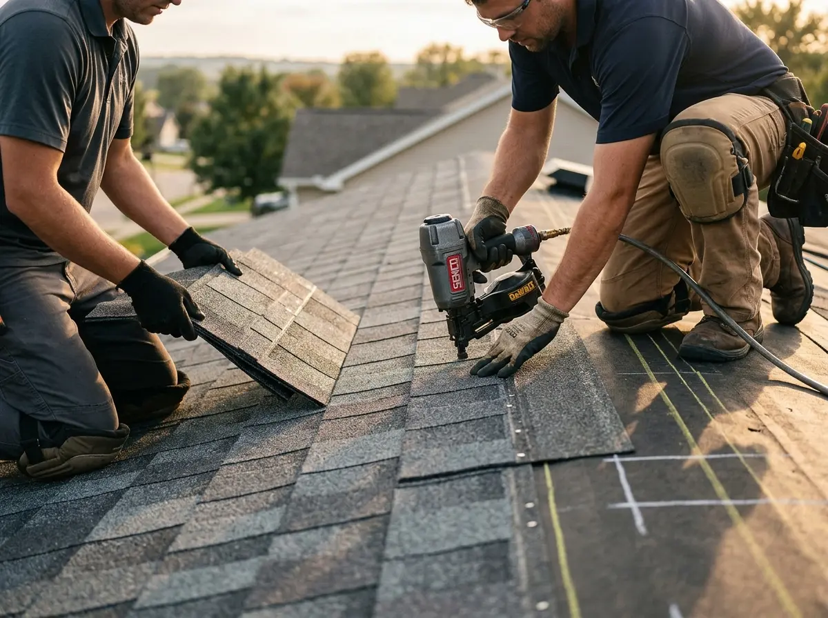 Professional roofer working on a residential roof in Ripley